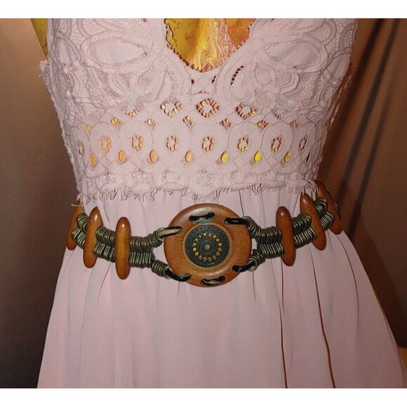 Metal Belt Vintage Boho Rustic Wood Brass Round Decorative Centerpiece Adjust - Picture 7 of 13